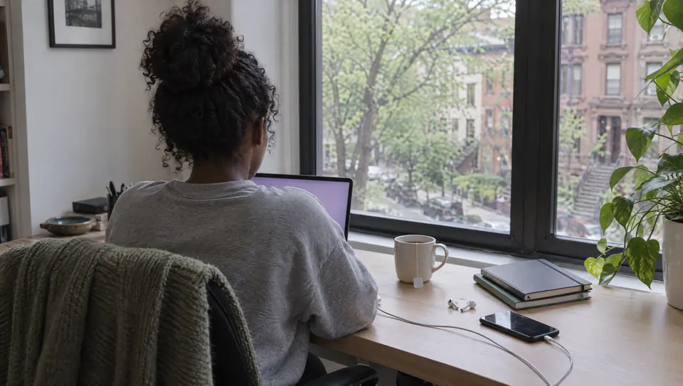 A woman seen from behind at a desk by a window, laptop open, brownstones across the street
