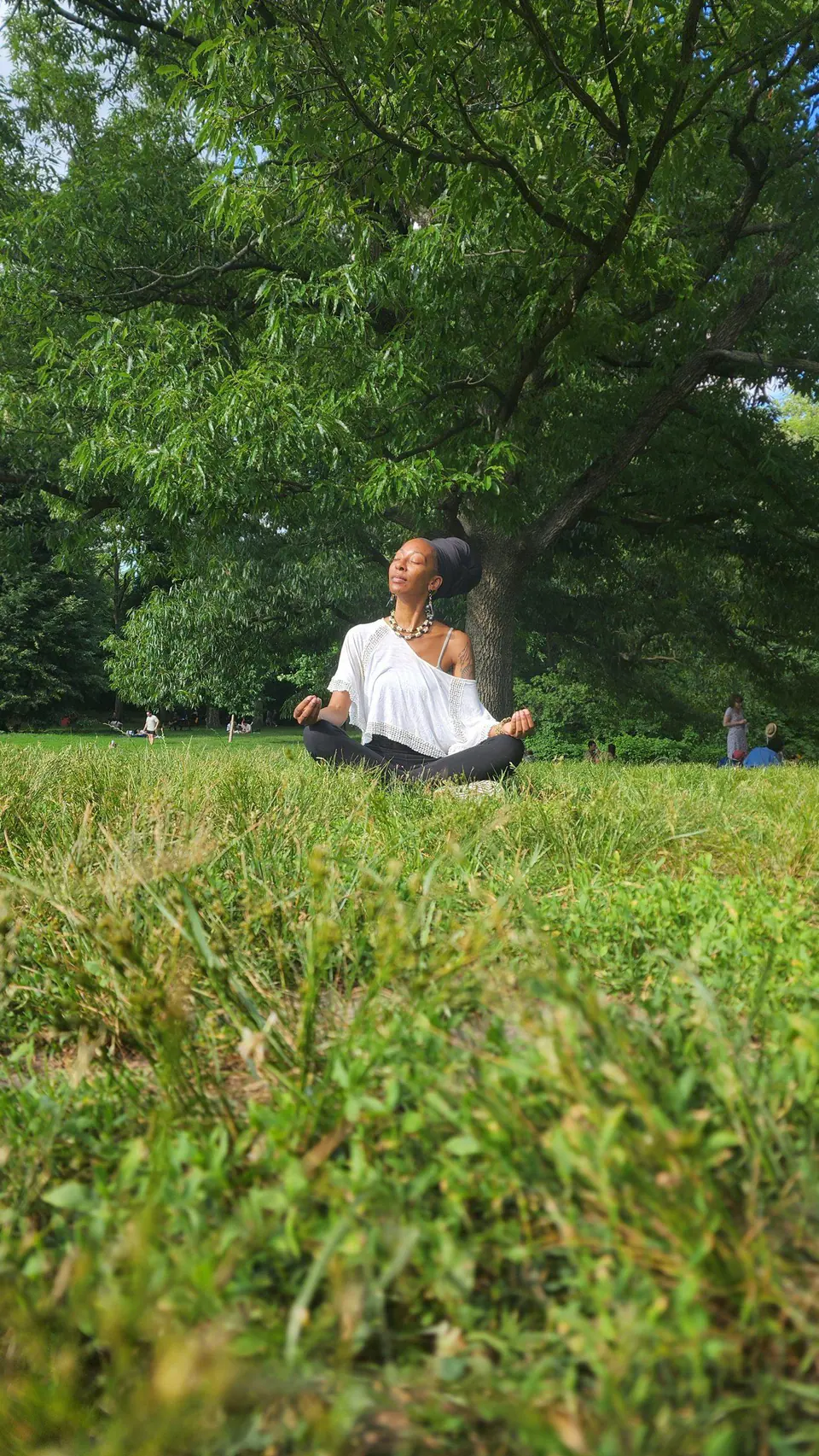 A woman sitting cross-legged in the grass under a big tree, eyes closed, meditating